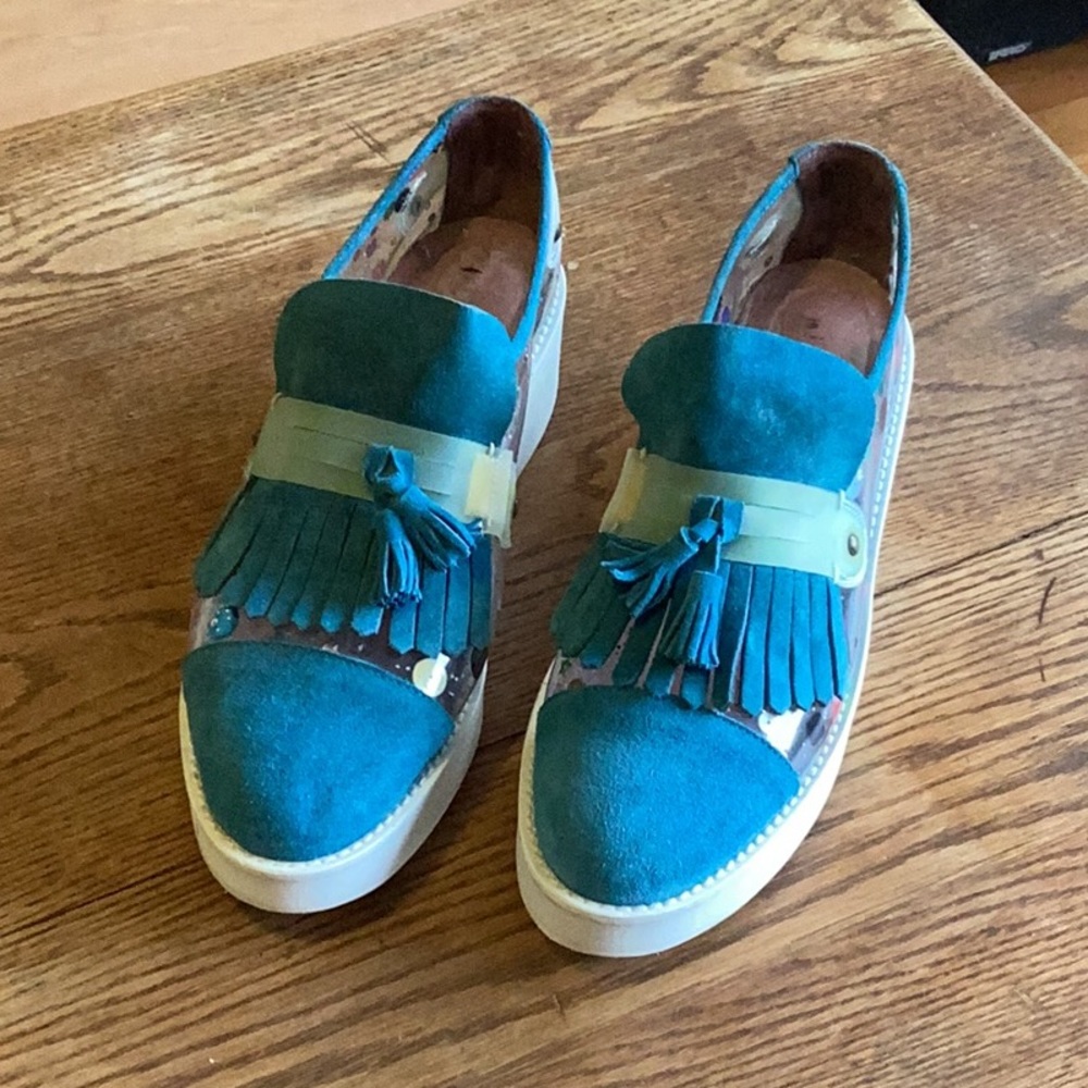 Never worn Minimarket Blue Suede Shoes with tassels and fringe US size 10